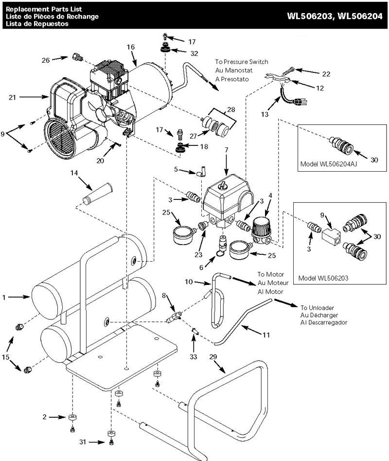 Tank Assembly Parts Diagram and Parts List for WL506204AJ  Campbell Hausfeld Compressor